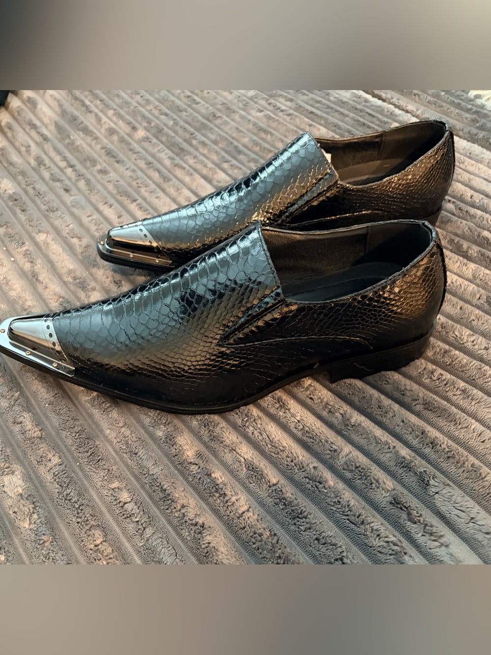 Black Faux Snakeskin Slip-On Loafers with Metal Toe